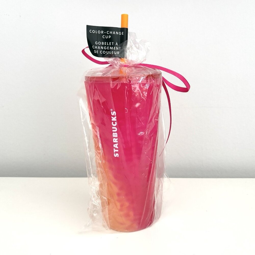 NEW Starbucks Pink and Orange Color Changing Tumbler Cold Cup Textured